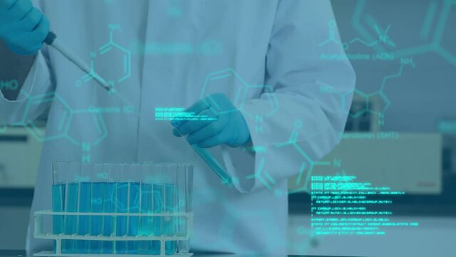 Animation of data processing over scientist in lab