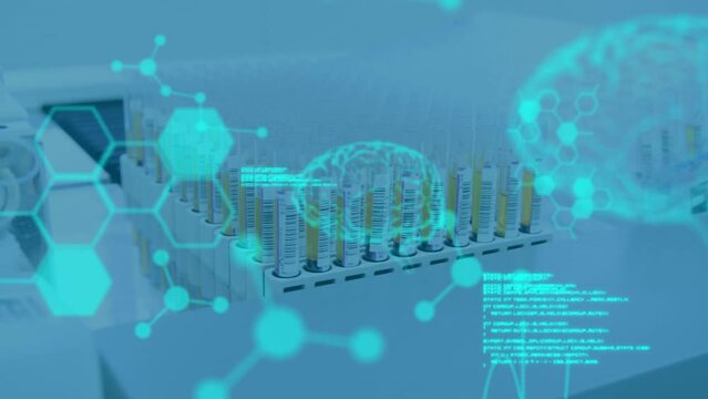 Animation of data processing over test tubes in lab