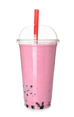 Plastic cup of tasty bubble tea on white background