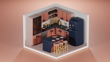3D rendering of a kitchen set in isometric view.