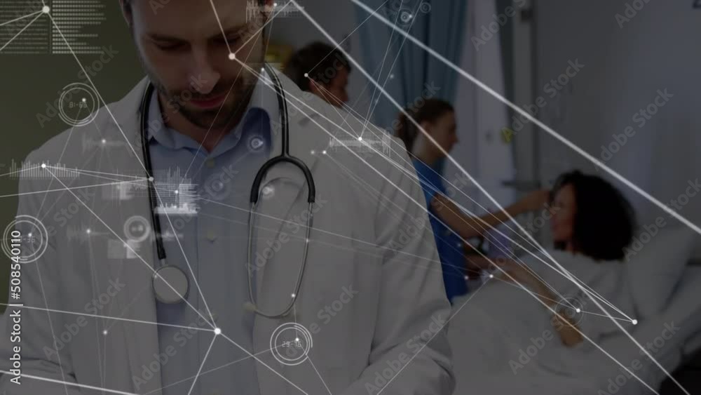 Poster Animation of network of connections over caucasian male doctor using tablet