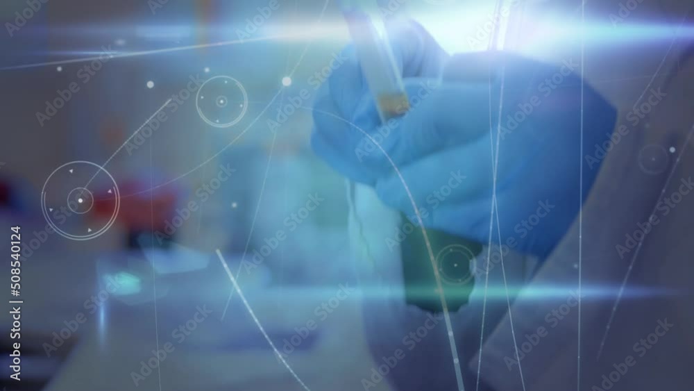 Poster animation of network of connections over hands of lab worker with sample