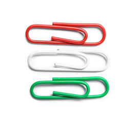 Colorful paper clips on white background, top view