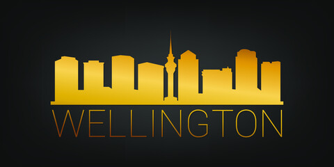 Naklejka premium Wellington, New Zealand Gold Skyline City Silhouette Vector. Golden Design Luxury Style Icon Symbols. Travel and Tourism Famous Buildings.