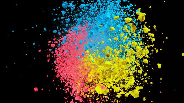 Super Slow Motion Shot of Rotating Color Powder Expolosion Isolated on Black Background at 1000fps.