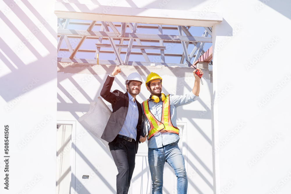 Leinwandbilder architect and developer with blueprints discussing architect project at construction site,constructi