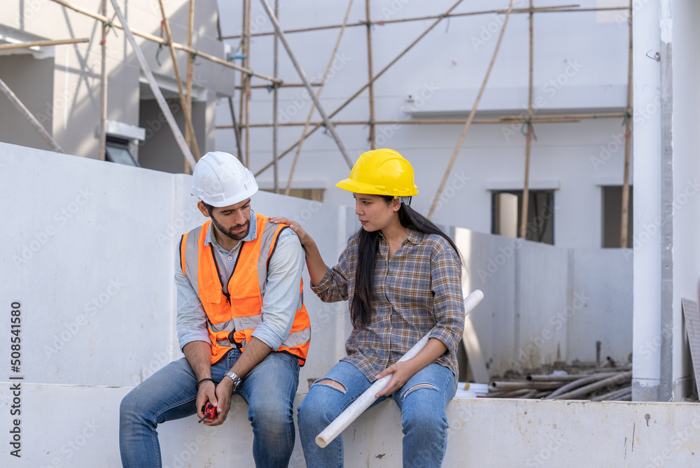 Aufkleber Engineer and architect are stressed at construction site,He is having problems in work,Engineering concept.
