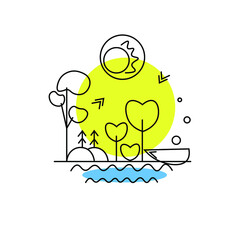 Nature vector outline. Trees produce oxygen. The sun shines with love.The boat is waiting for travelers.  Birds fly and sing. The water sparkles in the sun. Natural flora and fauna. For digital, print