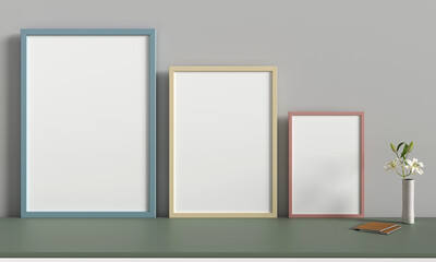 three pictures frames on table for mockup, 3d rendering 