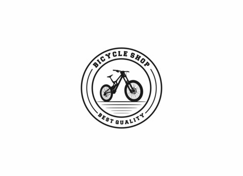 logo for bicycle shop with bicycle illustration and on white background