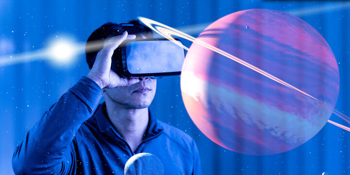 A man wearing a Virtual Reality Headset Sitting in a Chair Using a Futuristic Holographic Interface, and symbol neurons in the brain. - Powered by Adobe