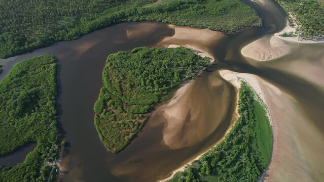 flying over the beach of S&atilde;o Miguel dos Milagres, touristic and paradisiacal beach in the state of alagoas in brazil. 4k drone video