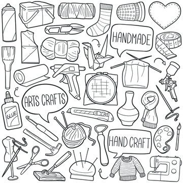 Handcrafts Doodle Icons. Hand Made Line Art. Crafting Tools Clipart Logotype Symbol Design.