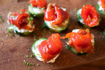 Salmon and cucumber hors d'oeuvres, or appetizers...