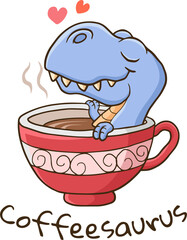 Cute cartoon dinosaur laying in the cup of coffee