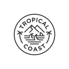 Circural tropical coast logo emblem vintage line art style, beach logo circle, palm logo, bay design, summer, wave, bay, sea, mountain