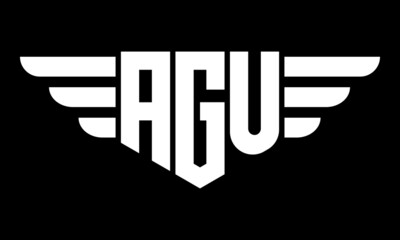 AGU three letter logo, creative wings shape logo design vector template. letter mark, wordmark, monogram symbol on black & white.