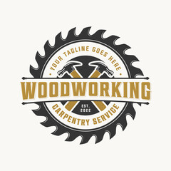 Woodworking logo, carpenter logo design with hammer and circular saw or blade, carpentry logo emblem badge vintage with vector illustration of sawmill - obrazy, fototapety, plakaty
