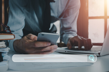 Searching browsing internet data information networking concept, Business person using smart phone background.