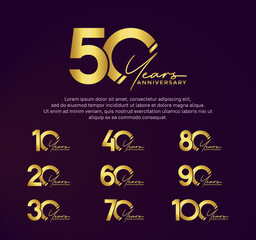 set anniversary golden color logotype style with hand lettering on purple background
