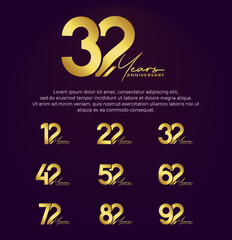 Fototapeta na wymiar set anniversary golden color logotype style with hand lettering on purple background