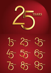 set anniversary golden color logotype style with overlapping number on red background