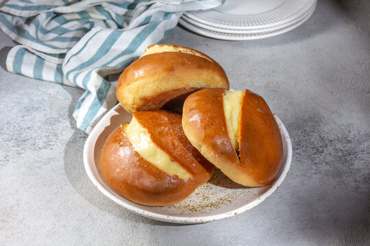 Berlin balls. Portuguese doughnuts or Berliners with egg creme. Chilean berlines o brazillian Sonho