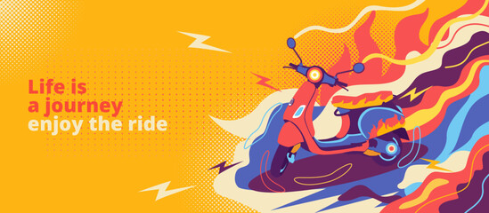 Colorful abstract lifestyle graffiti background vintage design with a retro scooter, slogan, and various shapes. Vector Illustration
