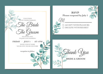 Hand painted of eucalyptus leaves watercolor as wedding invitation.
