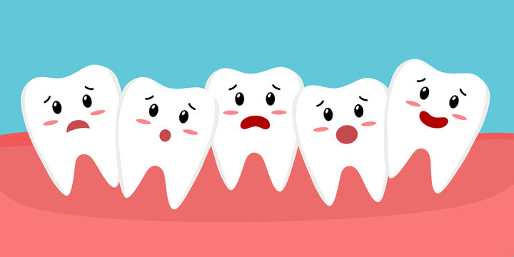 Crowding teeth dental problem cartoon character in flat design.