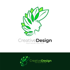Face logo and leaf design combination, salon nature icons