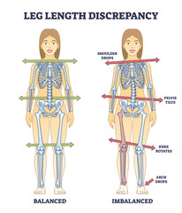 Leg length discrepancy condition with imbalanced skeleton outline diagram. Labeled educational scheme with bones asymmetry and comparison with balanced body vector illustration. Posture symptoms. - obrazy, fototapety, plakaty