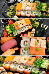 Collage of Sushi and roll set.