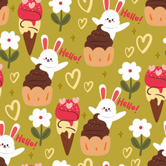 seamless pattern cartoon bunny and dessert with brown background. cute wallpaper for kids
