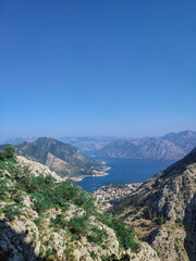 Fototapeta na wymiar View from above on Kotor bay with sea and mountains in Kotor, Montenegro