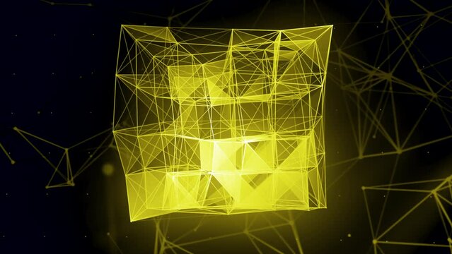 Black background.Motion.A bright quadrangular figure made of small strips of neon colors that move.