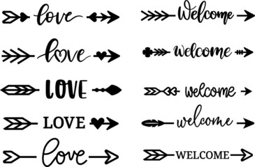 arrow decoration set with love, heart,welcome for decoration, hand drawn, doodle ,clipart.vector illustration
