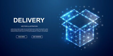Open box 3d low poly symbol with connected dots for blue landing page. Delivery, package design illustration concept. Polygonal Giftbox illustration