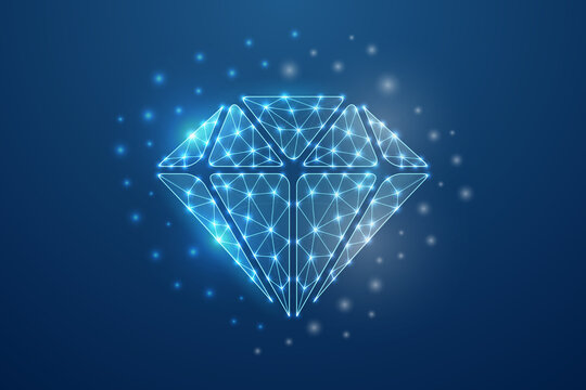 Diamond 3d Symbol In Blue Low Poly Style. Brilliant, Gem, Luxury Design Concept Vector Illustration. Jewelry Polygonal Wireframe.