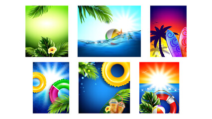 Summer Party Creative Promo Posters Set Vector. Music Summer Party At Seashore Or Swimming Pool Advertise Banners. Event For Enjoy Drinks And Vacation Style Concept Template Realistic 3d Illustrations