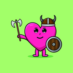 Cute cartoon character Lovely heart viking pirate with hat and holding ax and shield in modern design 