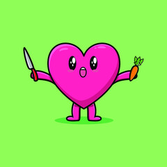 Cute cartoon lovely heart character holding knife and carrot in modern style design 