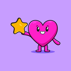Cute cartoon lovely heart character holding big golden star in cute modern style design