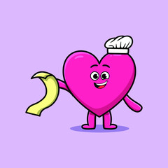Cute cartoon lovely heart chef character with menu in hand