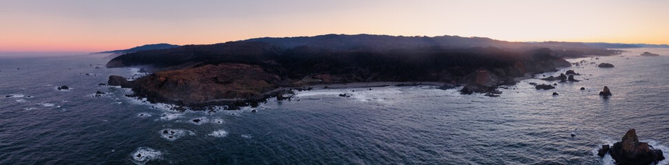 Cape Ferrelo and Lone Ranch Beach in Brookings, Oregon. Aerial Panorama at sunrise. 
