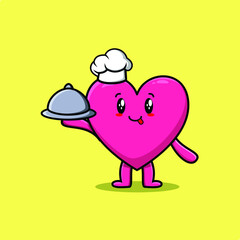 Cute Cartoon chef lovely heart mascot character serving food on tray cute style design