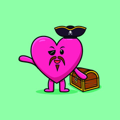 Cute cartoon character Lovely heart pirate with treasure box in modern style design