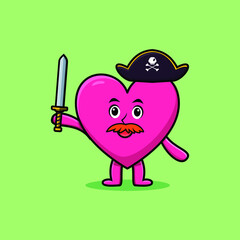 Cute cartoon mascot character lovely heart pirate with hat and holding sword in modern design