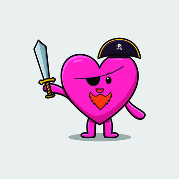 Cute cartoon mascot character lovely heart pirate with hat and holding sword in modern design