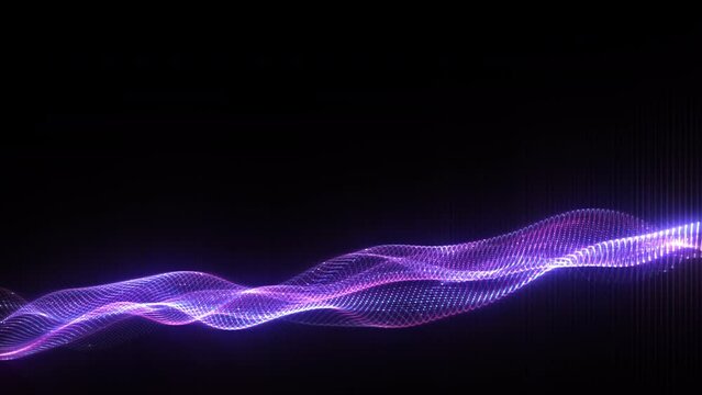 Abstract seamless loop of mesh glowing neon blue pink dots digital luxurious sparkling wave particles flow on black background for technology background.Motion of digital data flow.big data background